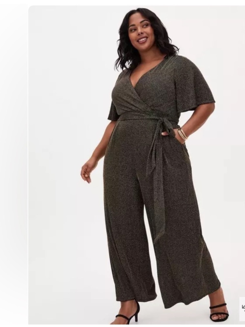 NWT Torrid Black Gold Shimmer Jumpsuit 1X Surplice Wide Leg Evening Formal